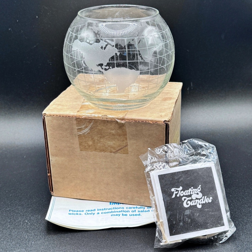 Vintage Etched Glass Globe World Map Floating Candle Holder with Box and Wicks